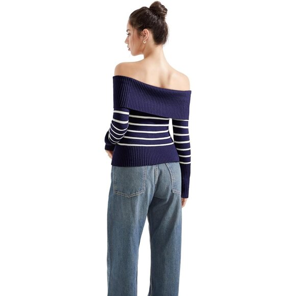 Women Blue White Off Shoulder Long Sleeve Tops Blouse Sweaters - Picture 6 of 7